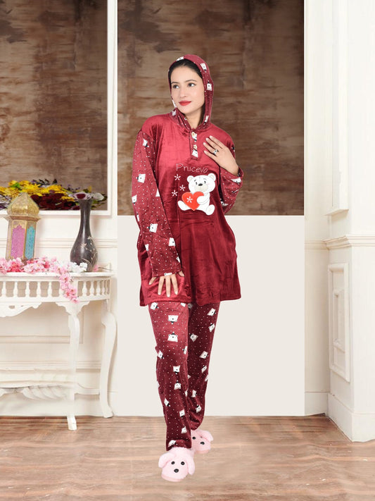 Imported Winter Nightsuite Heavy Stuff Dress for Girls(Maroon)