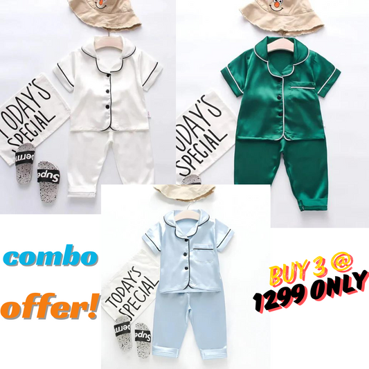 3 NIGHT SUITS COMBO FOR BOYS AND GIRLS (GREEN WHITE LIGHT BLUE)